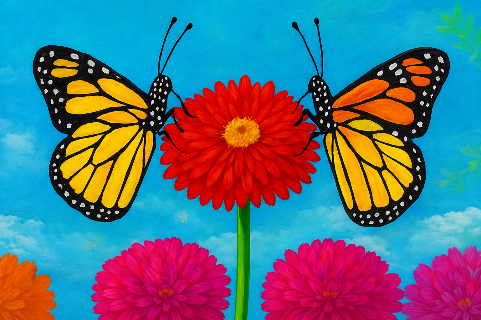 image reflects the heart of the fable: two monarch butterflies living the same life in different ways. One represents purpose and preparation, while the other represents joy, beauty, and delight. The bright flower between them suggests the shared life they both experience, even though they understand it differently.