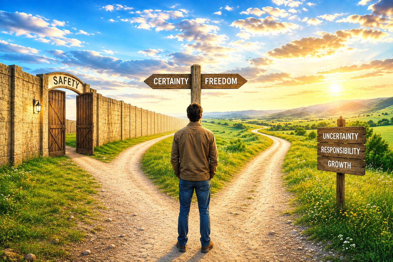image represents the tension between freedom and certainty. The crossroads symbolize the difficult choices that come with freedom, while the separate paths reflect the human desire for both independence and security. The lone figure captures the emotional weight of deciding who we are and what we believe.