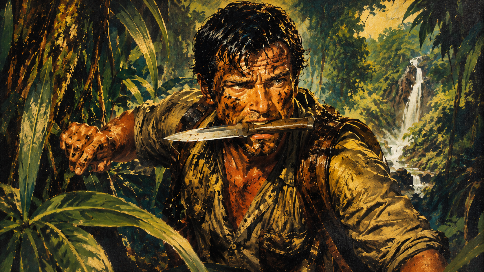 A vintage-style pulp adventure illustration shows a muddy, weathered man moving through thick jungle foliage. He has a knife clenched in his teeth and a tense, determined expression, suggesting danger, survival, and desperation. The dense leaves, dark shadows, and waterfall in the background give the image an old adventure-magazine feel, matching the essay’s themes of fear, survival, and what people become when no one is coming to save them.