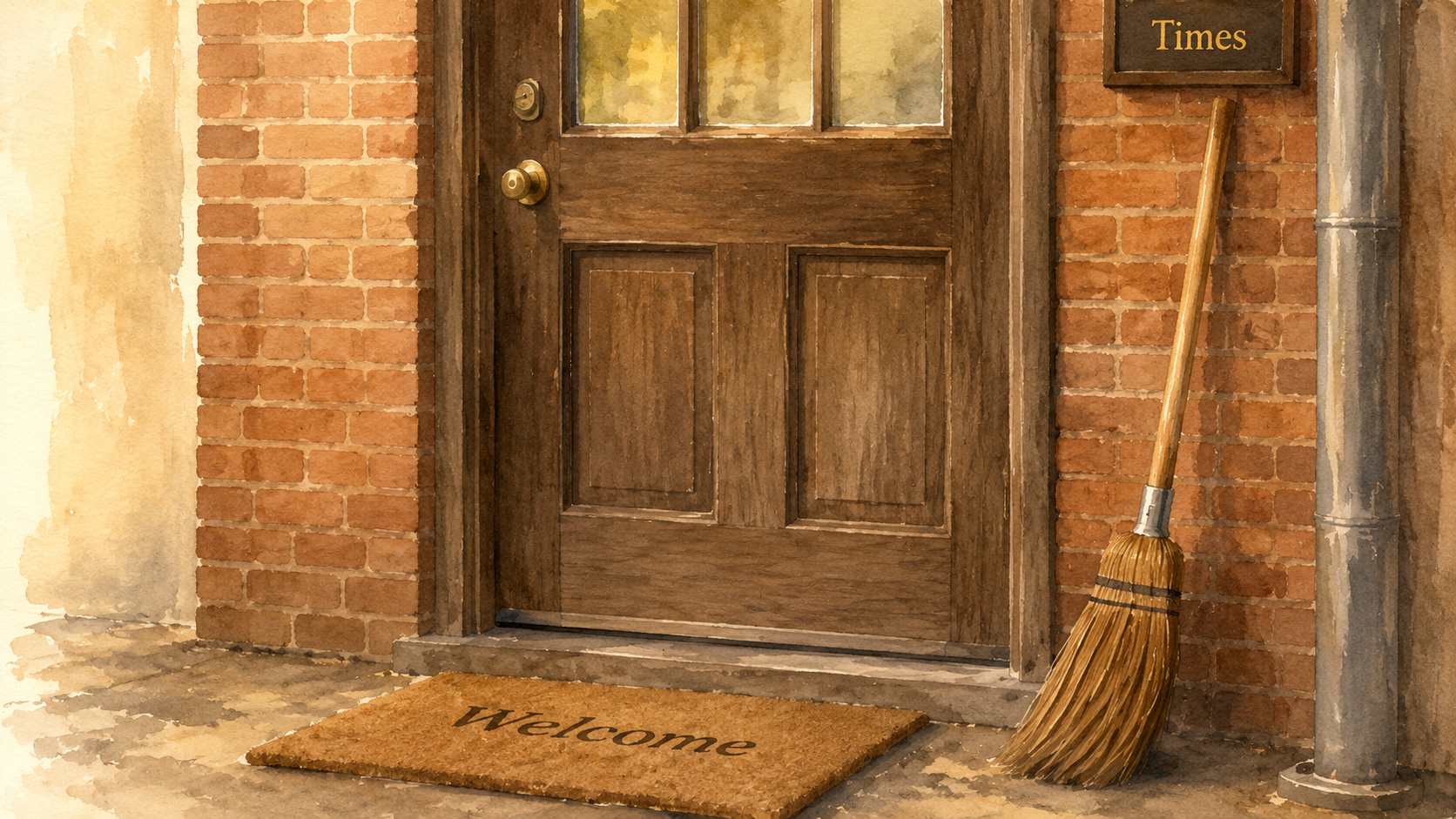 A straw broom leans beside the doorway, and a welcome mat rests in front of it, suggesting that someone tried to make a rough, ordinary place feel cared for and lived in. leading to why>