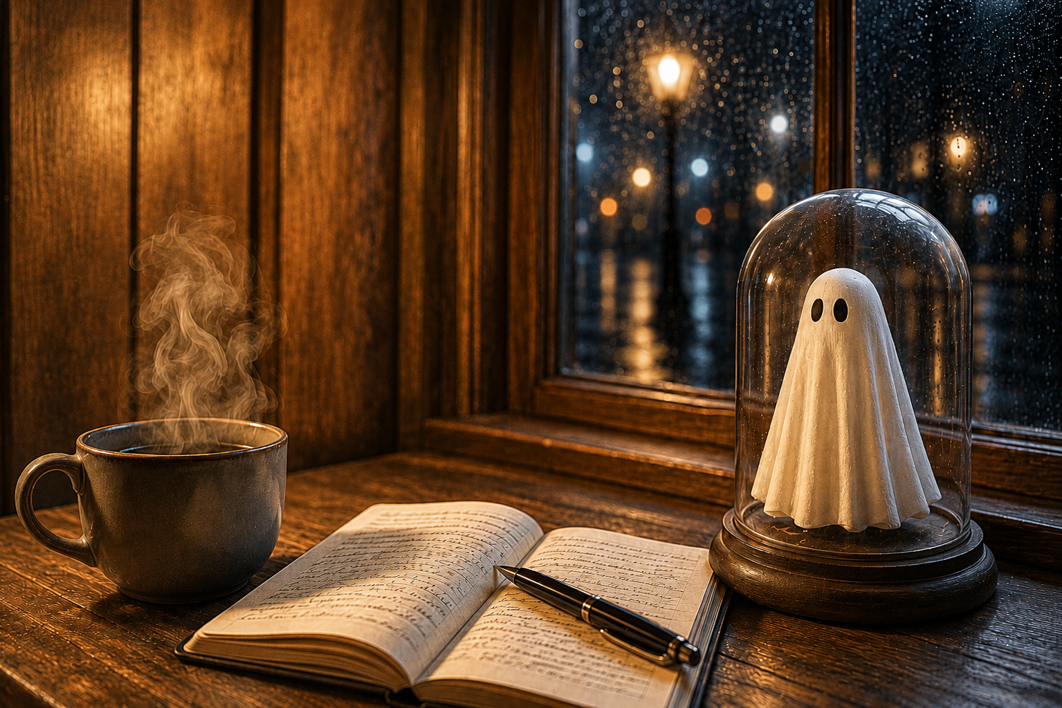 Ghost and ledger used to explore a reflection on human boundaries.